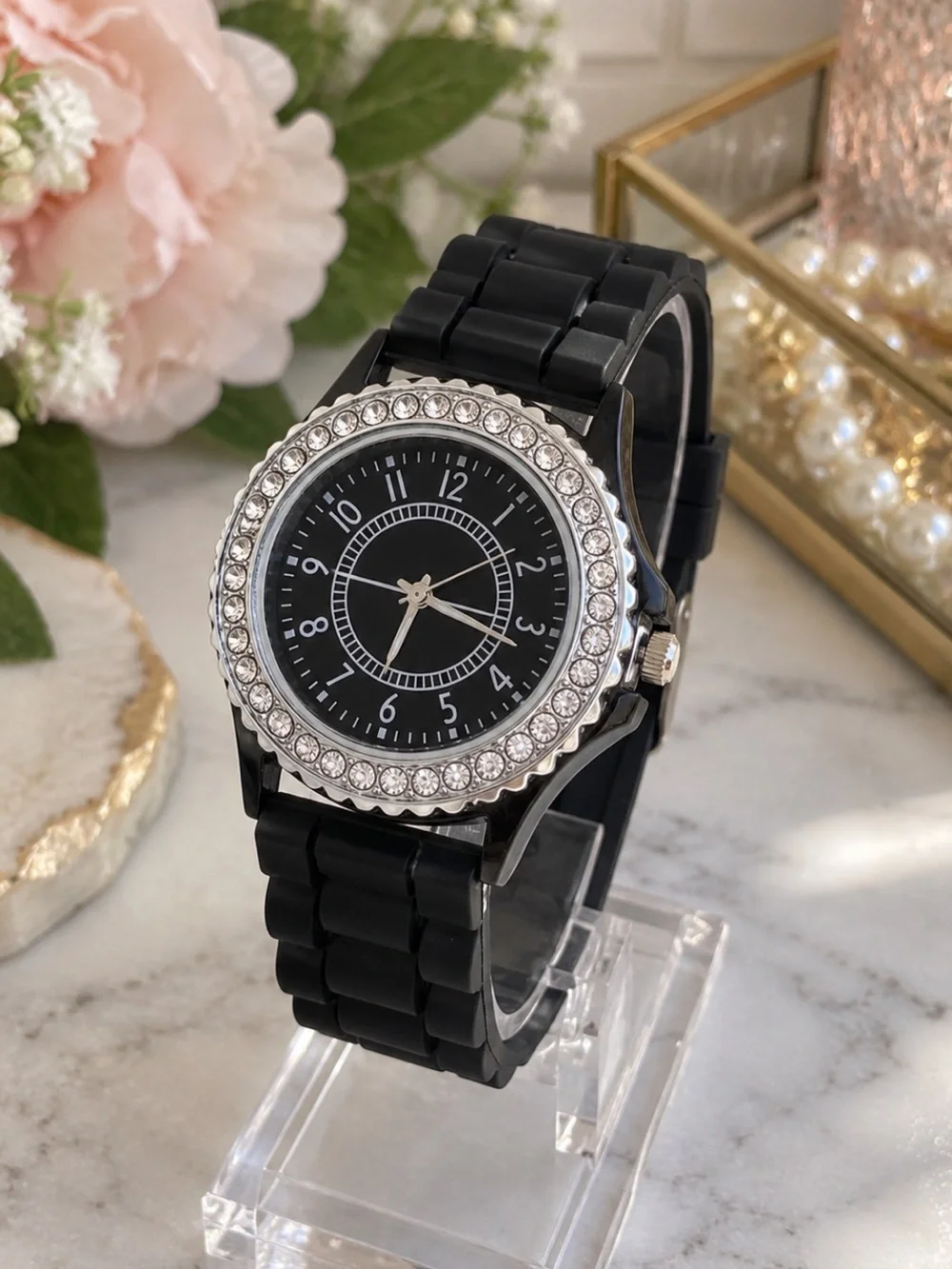 Black Crystal Bezel Watch Black Silicone Band Women’s Bling Fashion Analog Watch